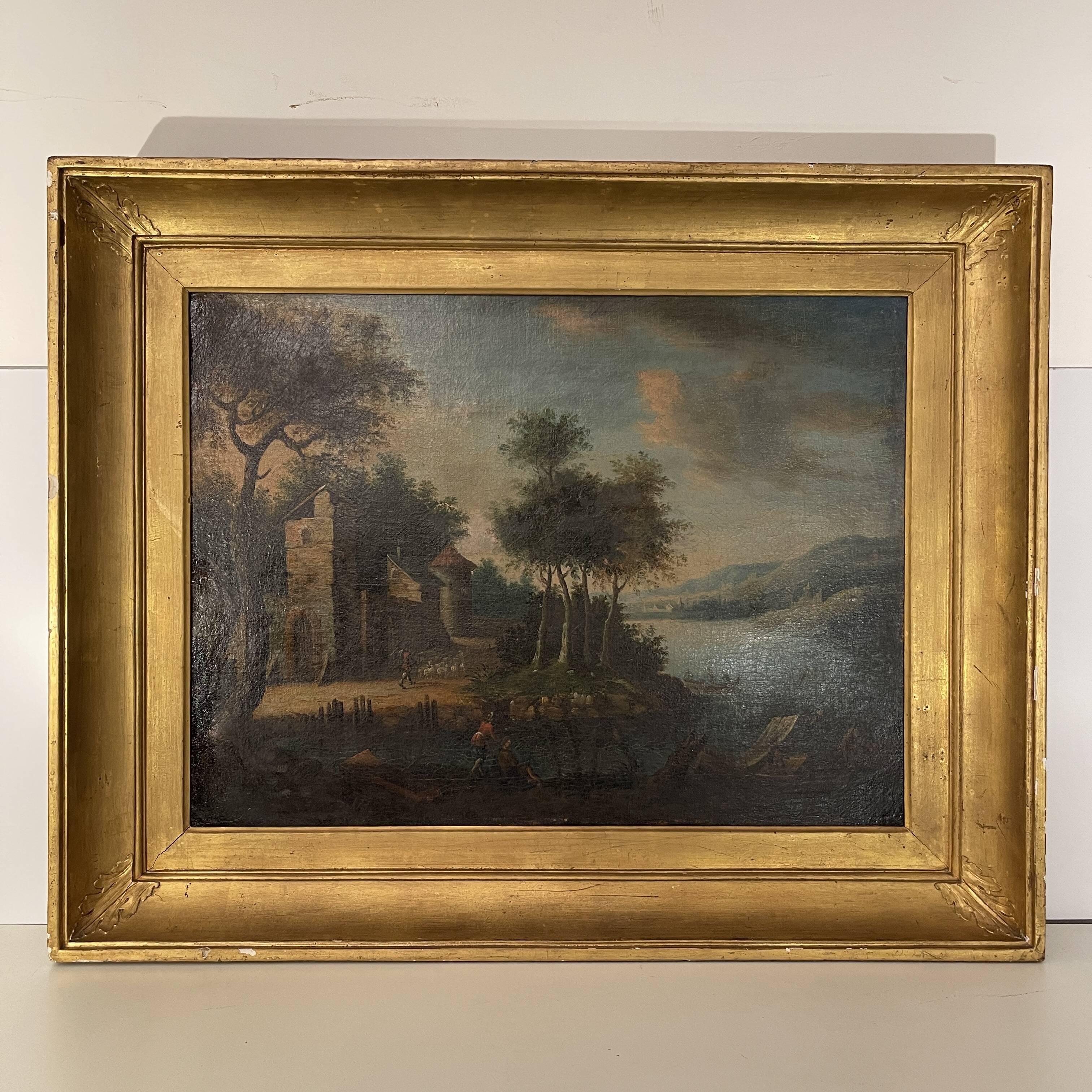 Italian School "Lake landscape, forest animated by figures" oil painting
