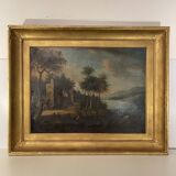 École italienne "Paysage lacustre, forêt animée de personnages" tableau hui
