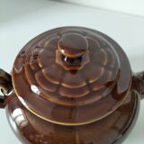 Vintage brown glazed earthenware teapot, mid-century sculptural decor.
