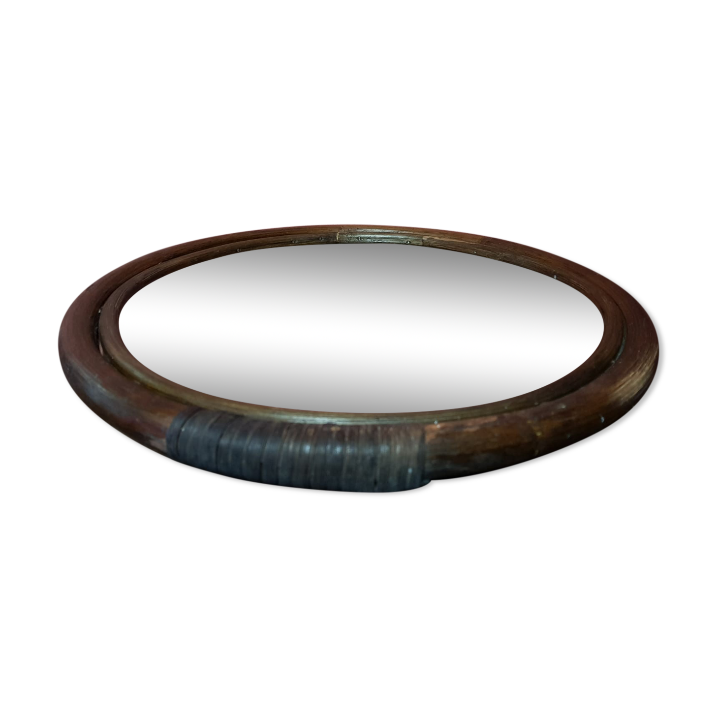 Old Round Mirror In Vintage 70s Rotin 41cm