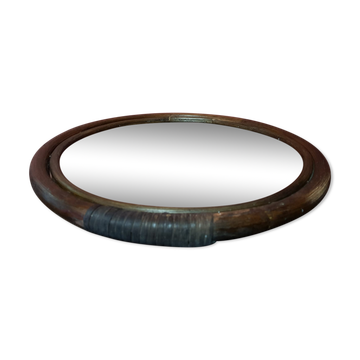 Old Round Mirror In Vintage 70s Rotin 41cm