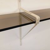 Large vintage wall shelf in smoked glass and white metal in String style.