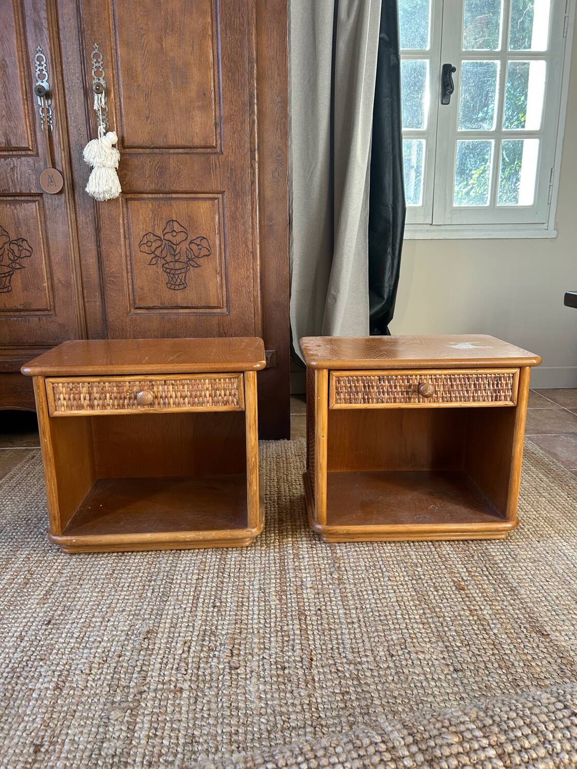 Pair of rattan bedside tables