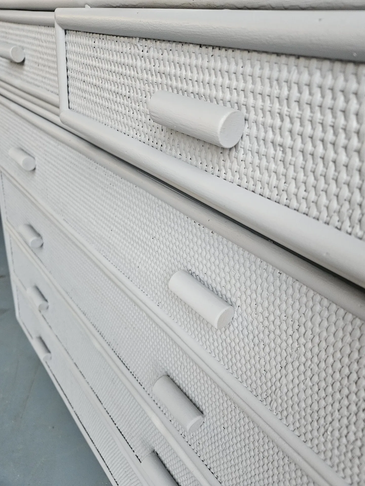 Vintage grey wood and rattan chest of drawers