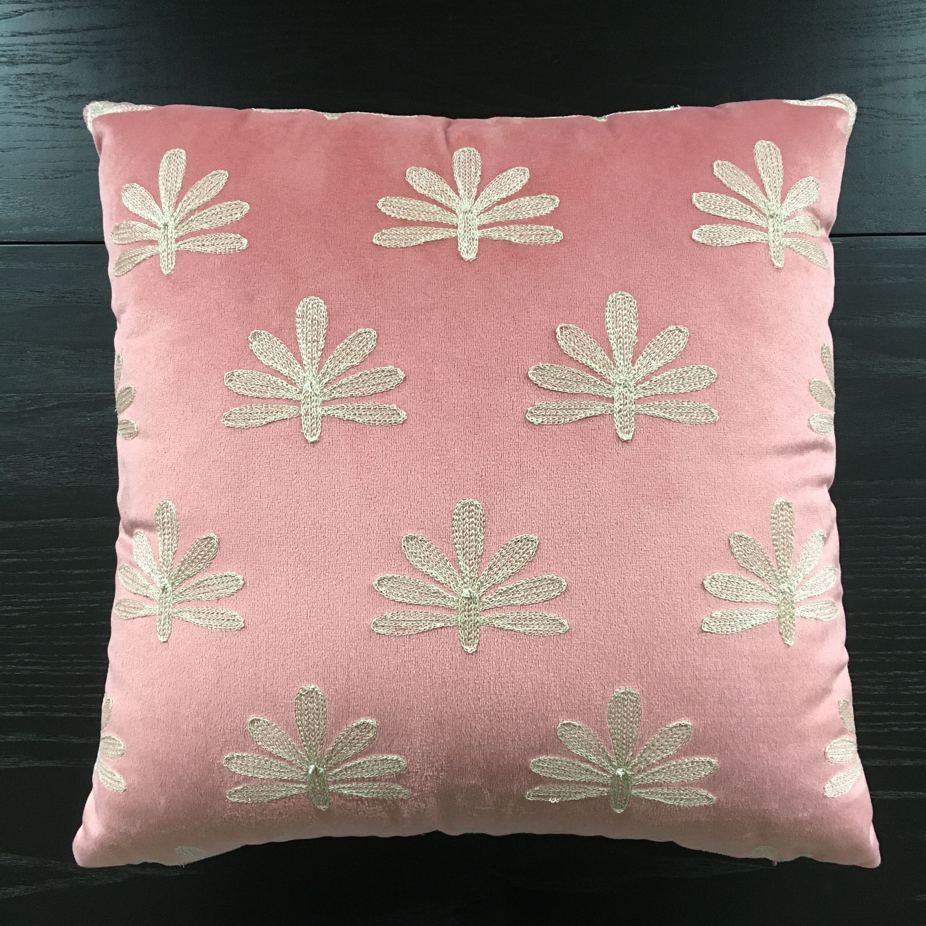 Pink cushion embroidered palm trees