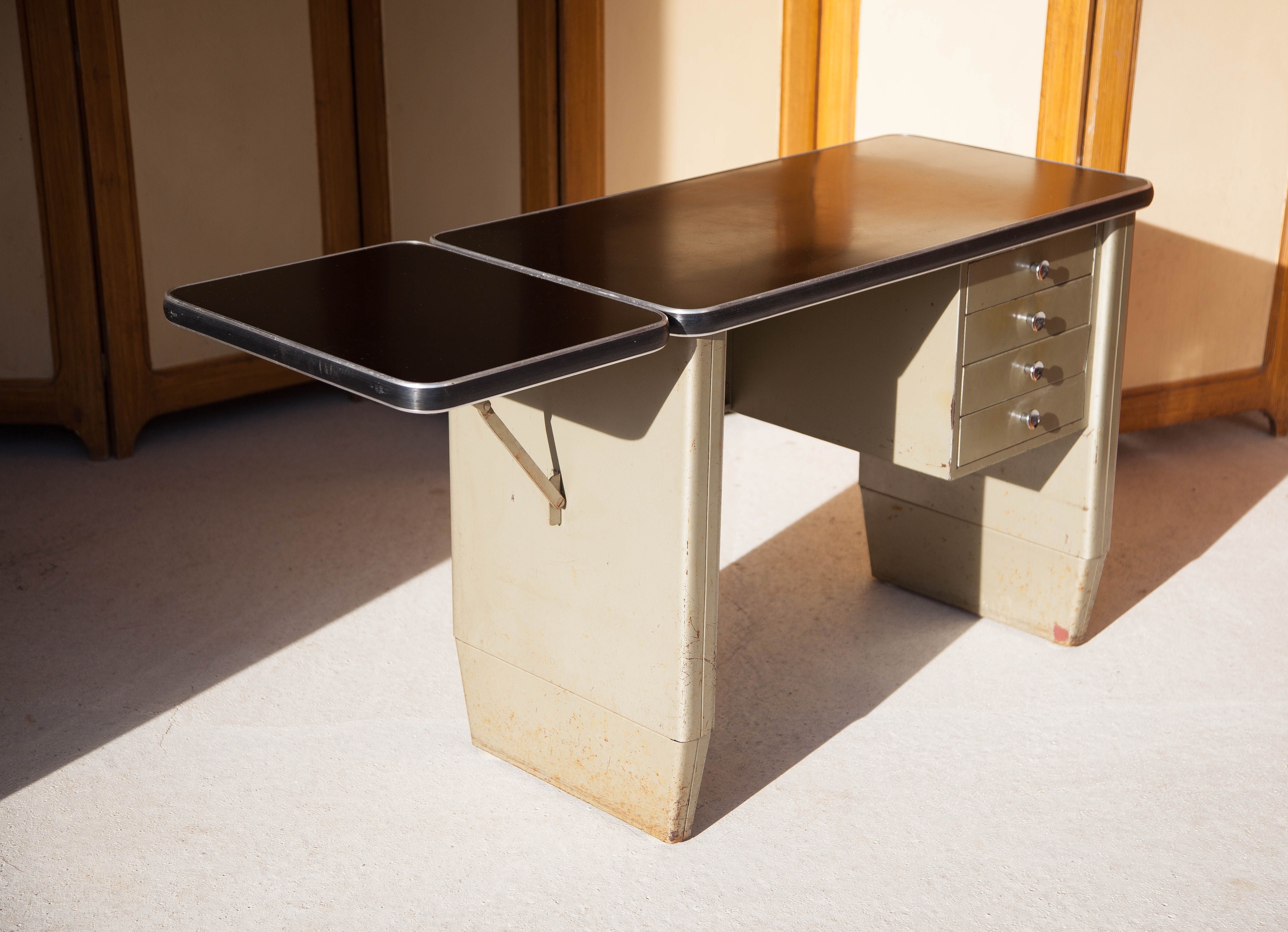 Vintage metal desk, desk with drawers and folding shelf, vintage desk