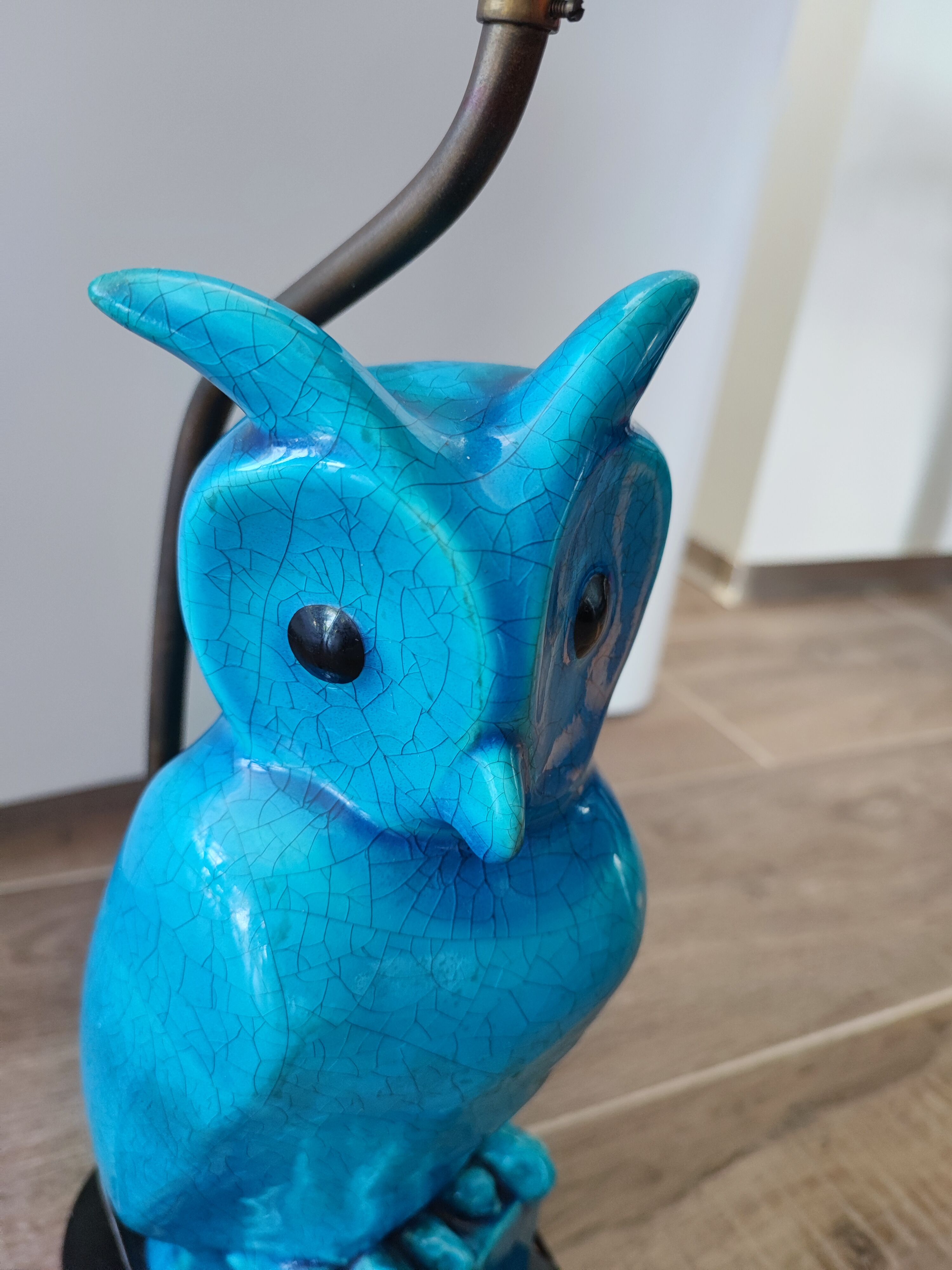 Turquoise cracked earthenware owl lamp