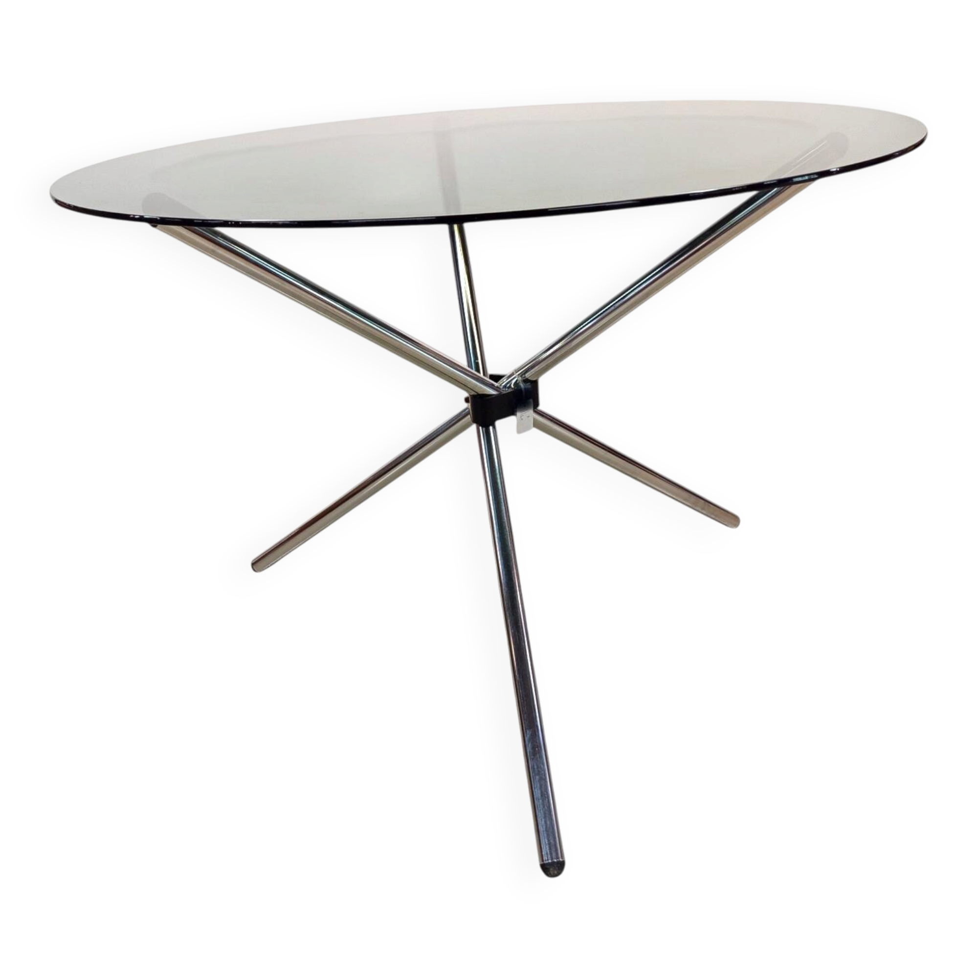 Vintage round table with smoked glass and foldable chrome legs.