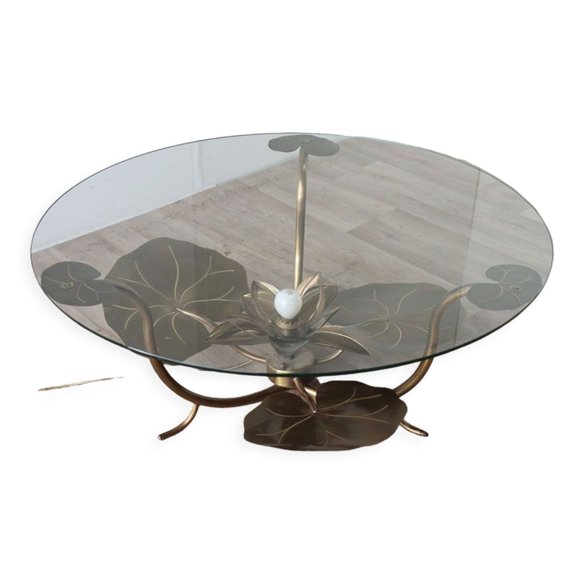 Illuminated vintage coffee table decorated with brass water lilies 1970