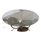 Illuminated vintage coffee table decorated with brass water lilies 1970
