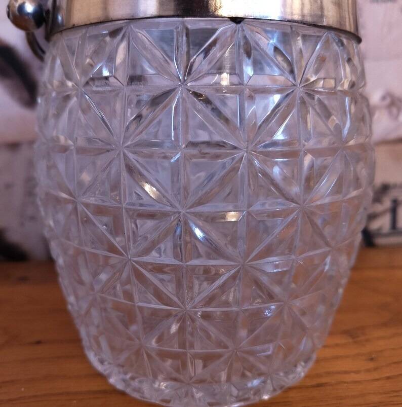 Vintage French barrel-style cut glass ice bucket, decorative metal handle 4506
