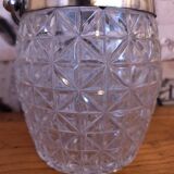 Vintage French barrel-style cut glass ice bucket, decorative metal handle 4506