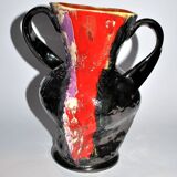 VALLAURIS ceramics Black and red enamelled vase with handle VINTAGE 1950-1960