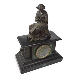 Neoclassical clock in black marble and malachite. Bronze Signed Moreau.