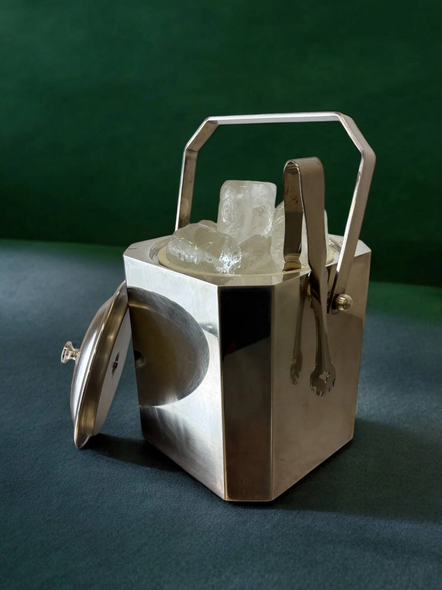 Romeo Rega chromed ice bucket with tongs, Italy, 1970s