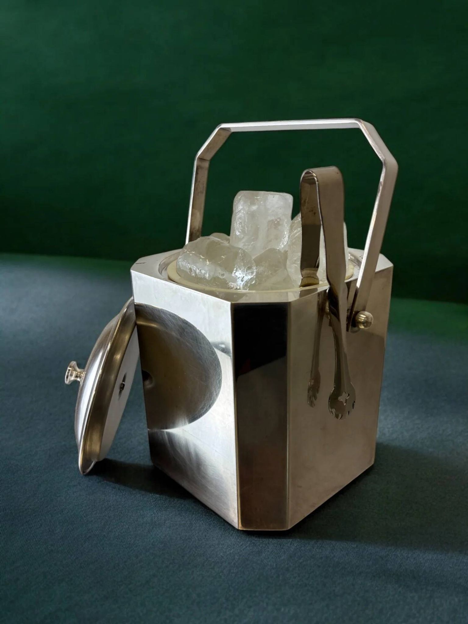 Seau à glace chromé Romeo Rega avec pinces, Italie, années 1970
