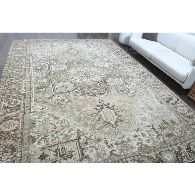 1960s Vintage Persian Handmade Wool Cotton Light Brown Area Rug 283x374