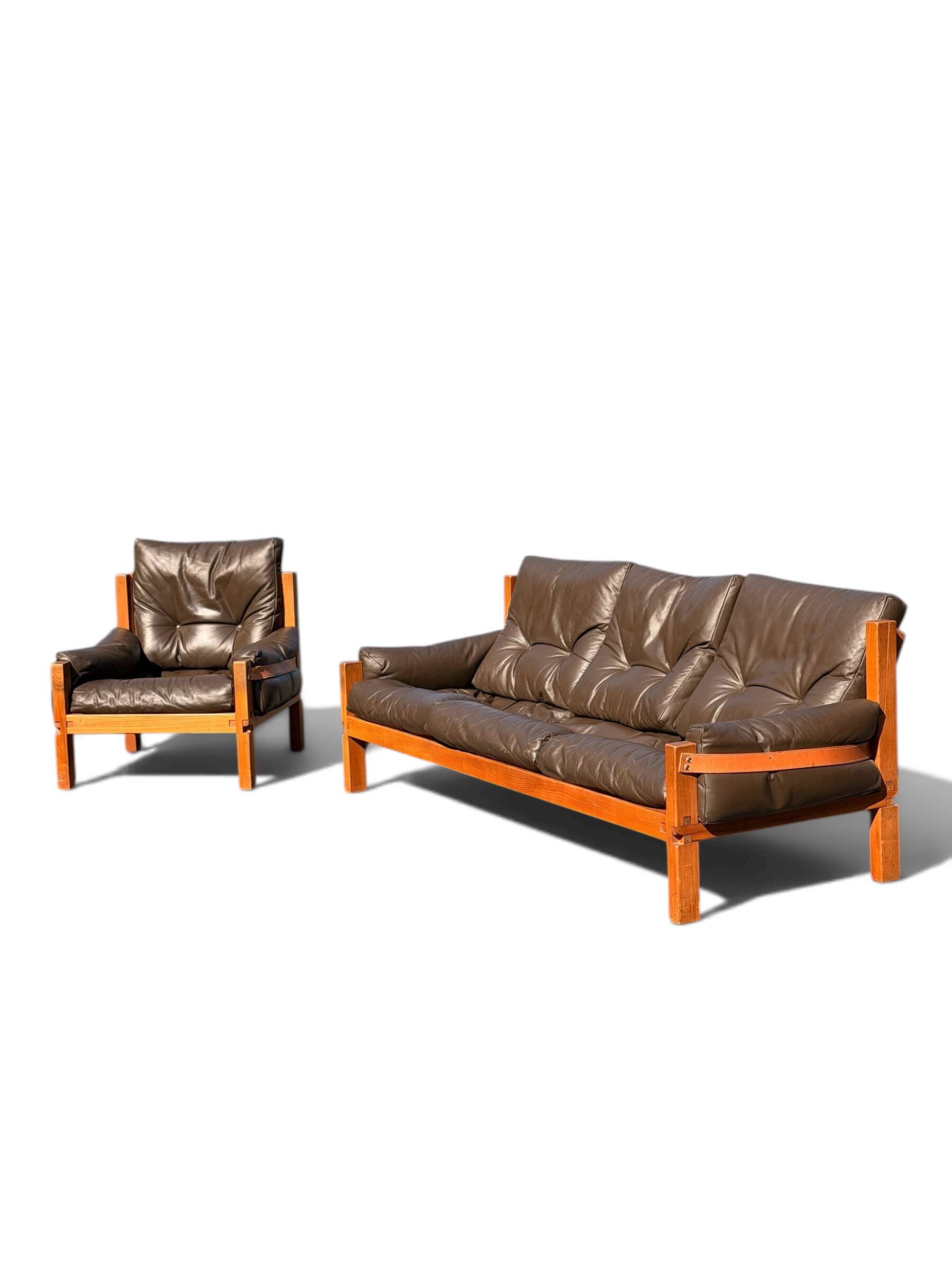 Ensemble Salon Pierre Chapo - Canapé S32 & Fauteuil S15 - Orme & Cuir Brun