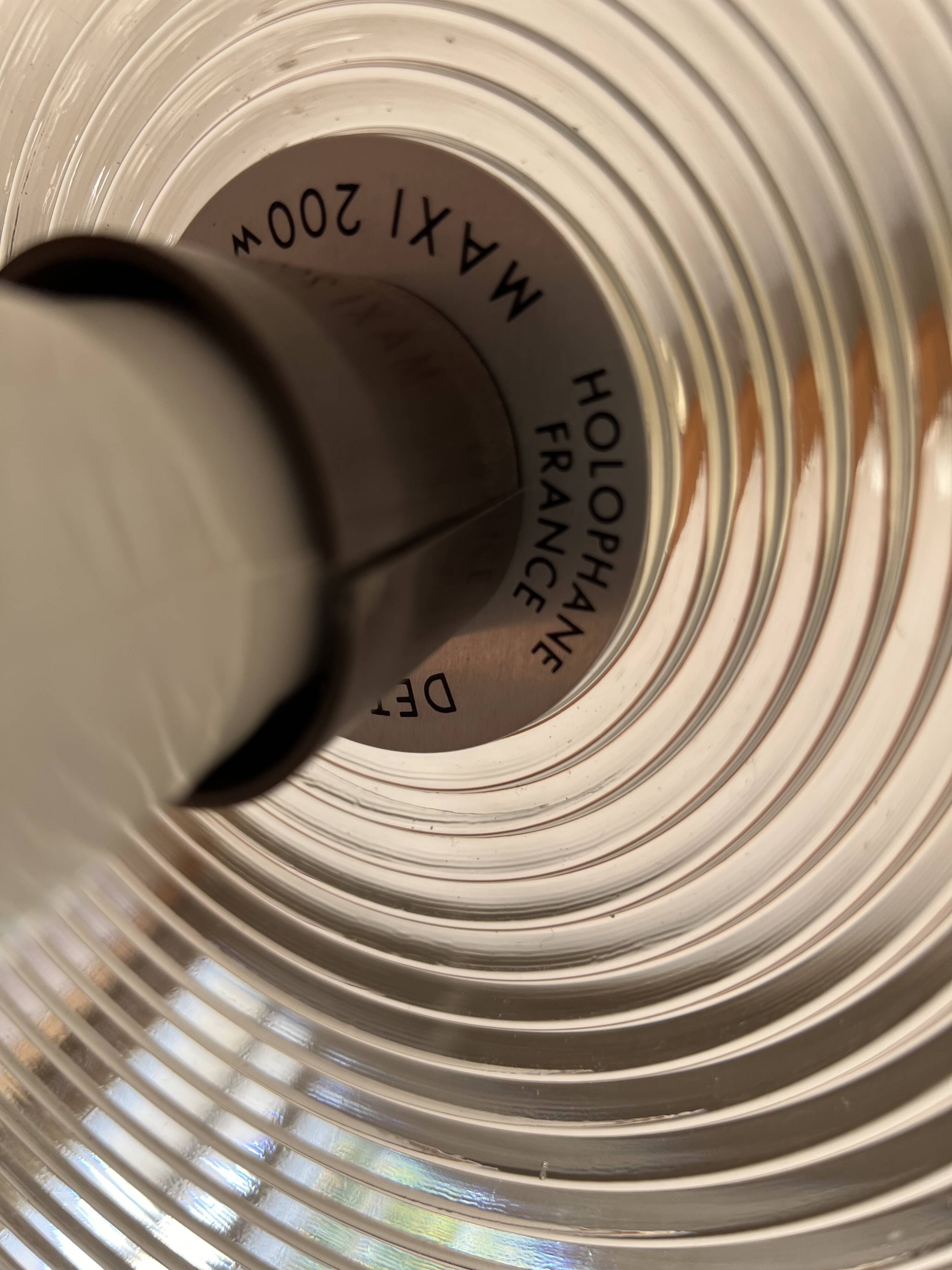 Space-age pendant light in holophane glass and lacquered metal from the 70s.