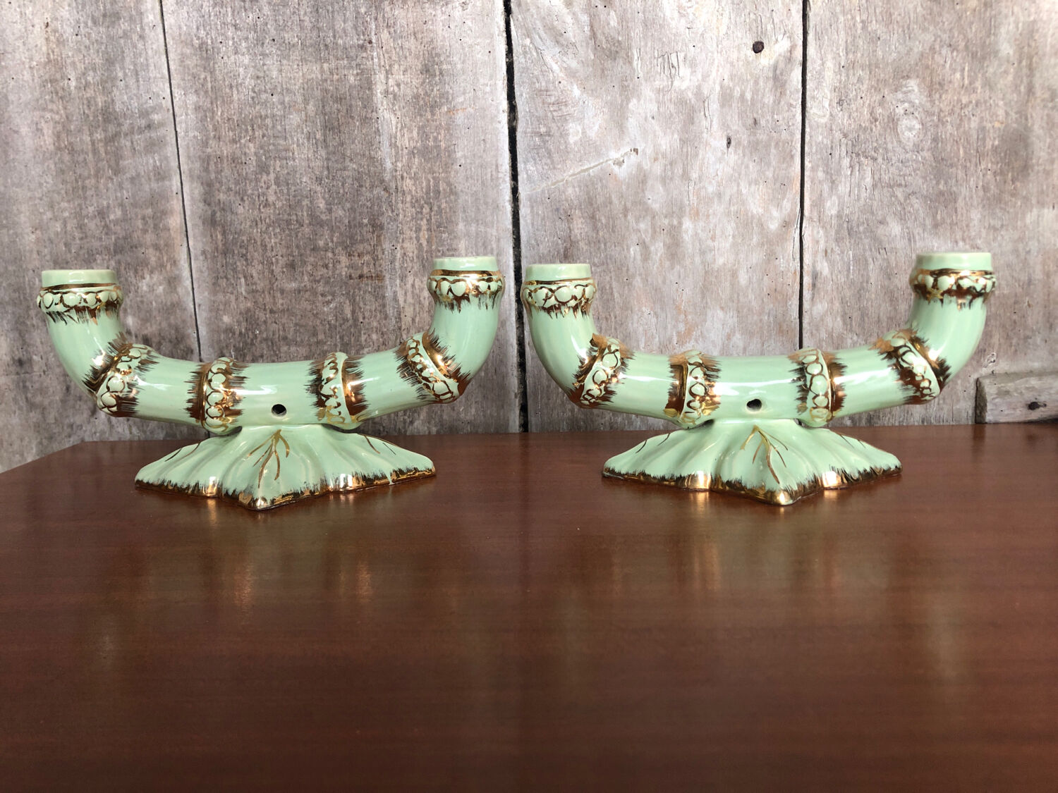 Old pair of double ceramic candlesticks green & gold vintage #A270