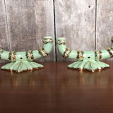 Old pair of double ceramic candlesticks green & gold vintage #A270