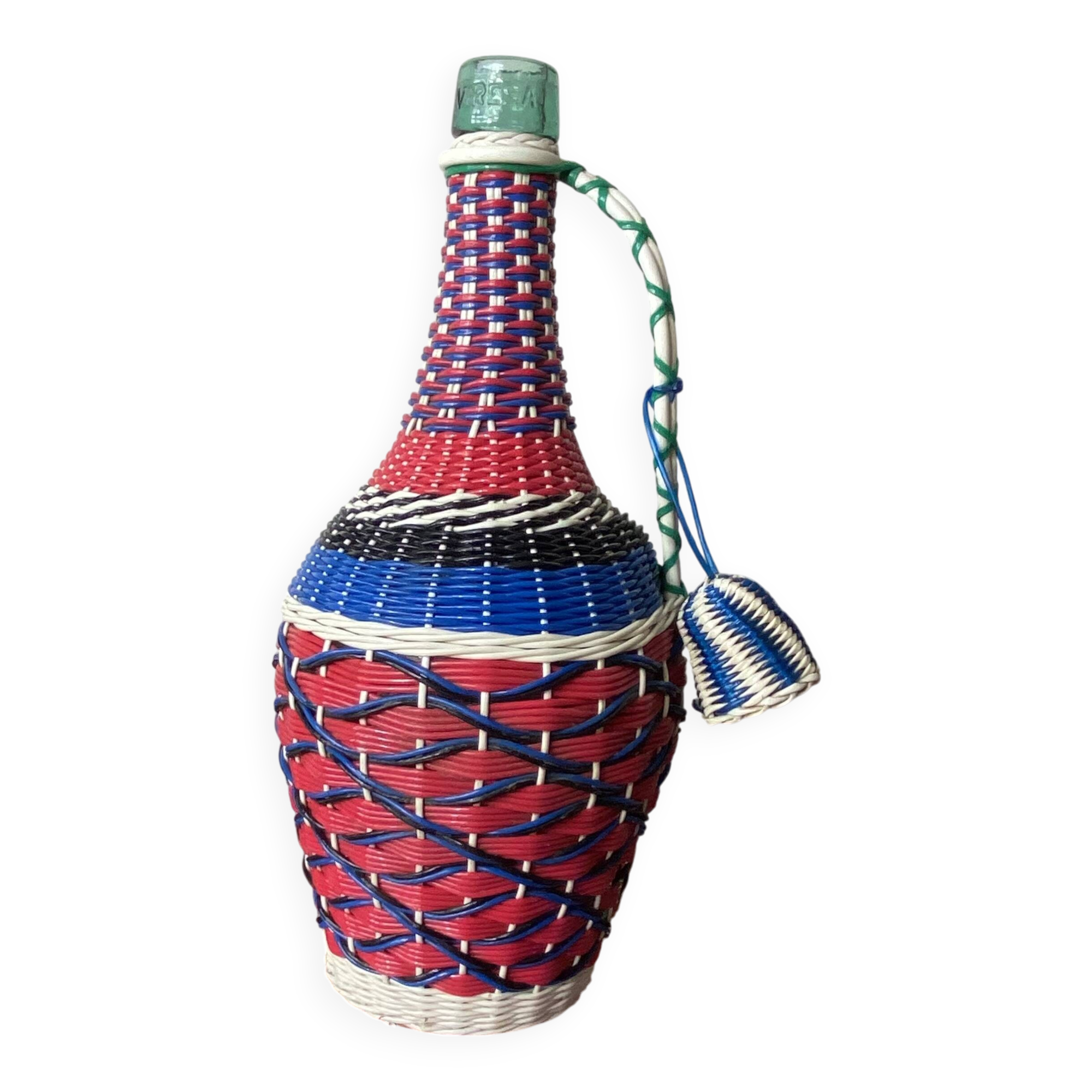 Old glass bottle and vintage scoubidou plastic weaving