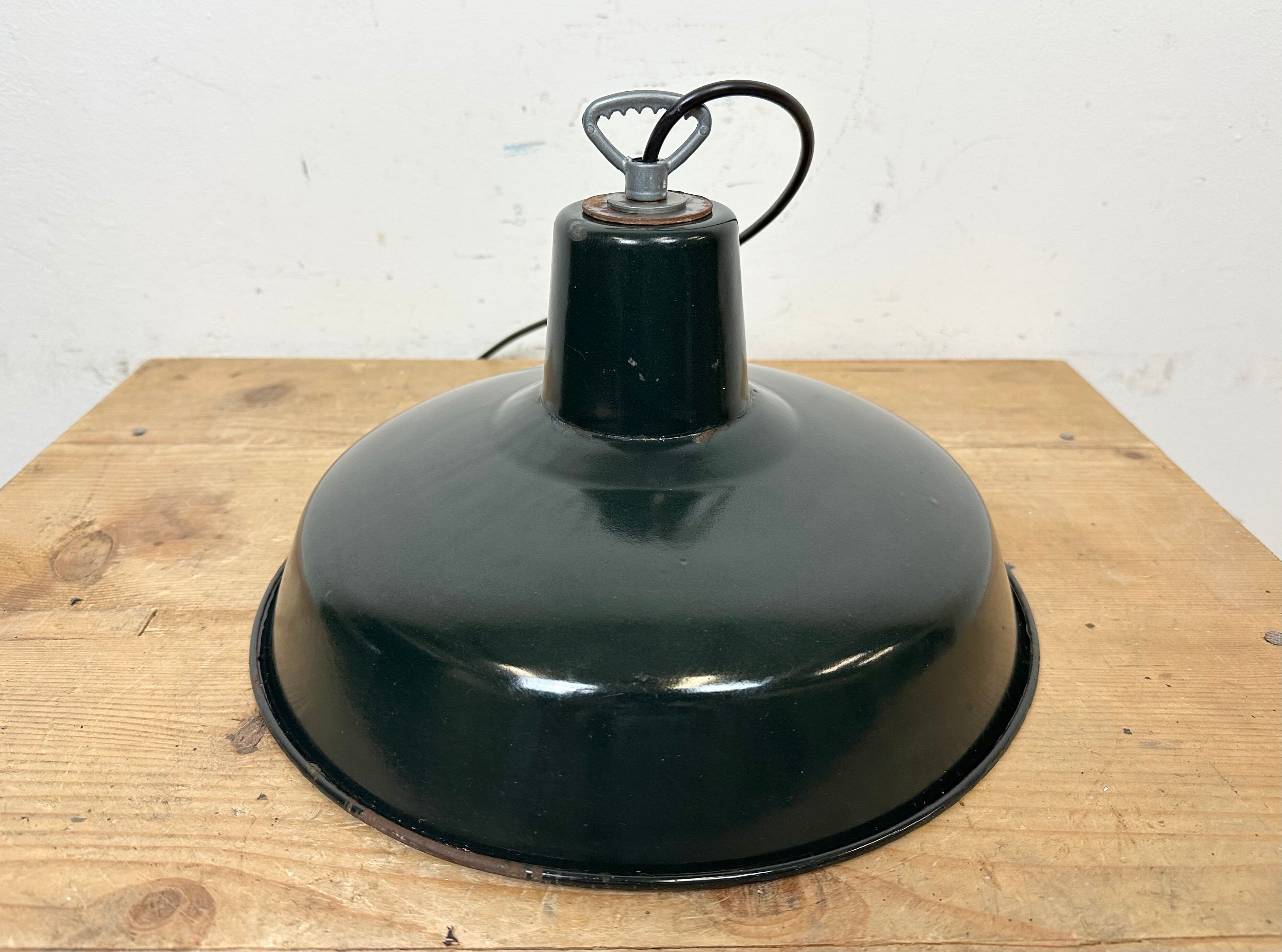 Industrial French Dark Green Enamel Factory Lamp, 1960s