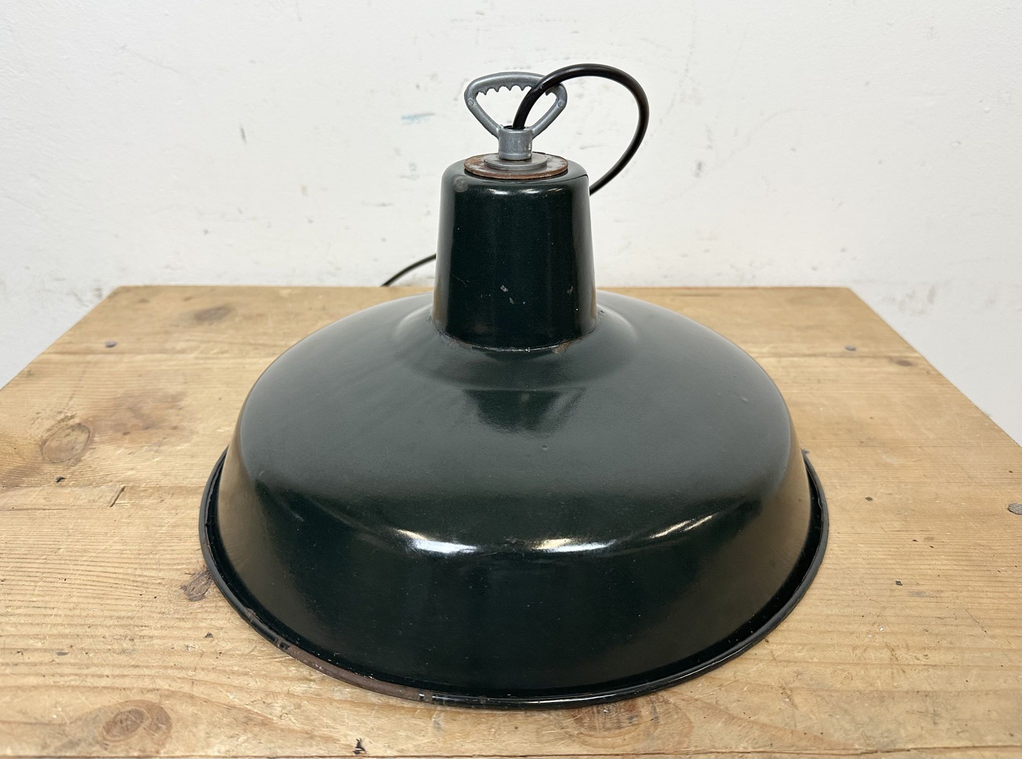 Industrial French Dark Green Enamel Factory Lamp, 1960s