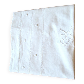 Taie d'oreiller vintage en coton brodé à pois et monogramme CK 78x75cm