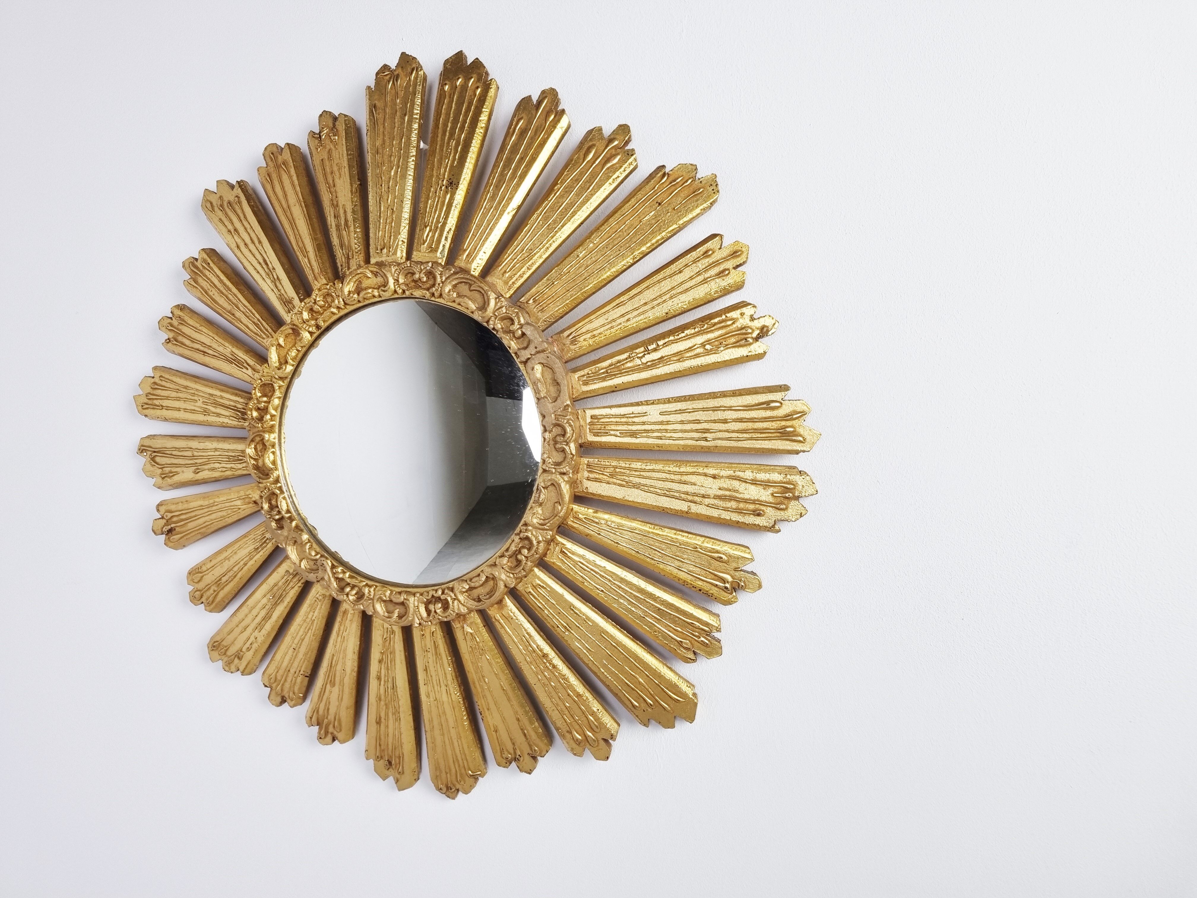Large vintage golden sunburst mirror 1960s 63cm