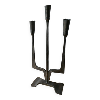 Brutalist 3-light wrought iron candlestick