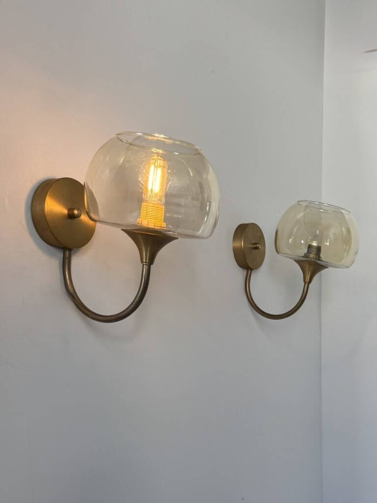 Pair of vintage wall lights in brass and smoked glass, France, 1970.