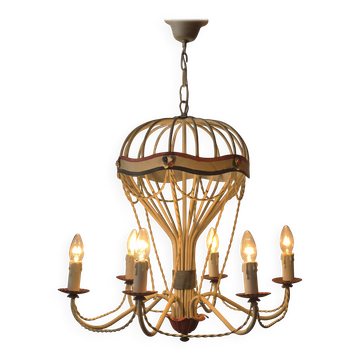 French sheet metal in gilded and painted iron Hot air balloon-shaped chandelier, mid-20th century