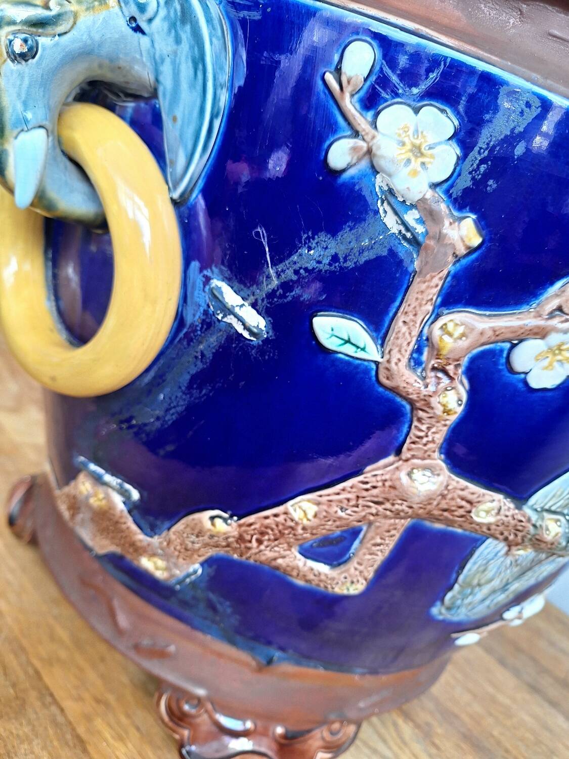 Large antique majolica cache pot, planter by Joseph Holdcroft.