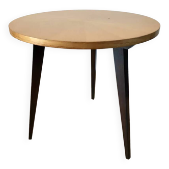 Table basse tripode en bois et marqueterie bicolore design scandinave années 50-60