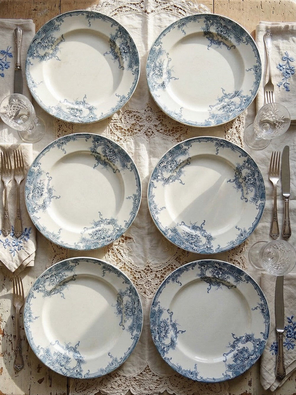 6 antique Boch Frères Keramis plates, Dauphin model, blue decoration, 19th-20th century.