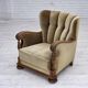 1960s, Danish armchair, green furniture velour, solid carved oak wood.