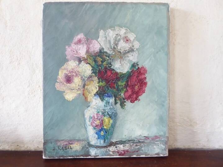 Painting oil on canvas bouquet of flowers signed b. rabel