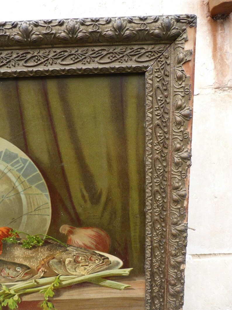 Still life chromolithography frame with Champagne