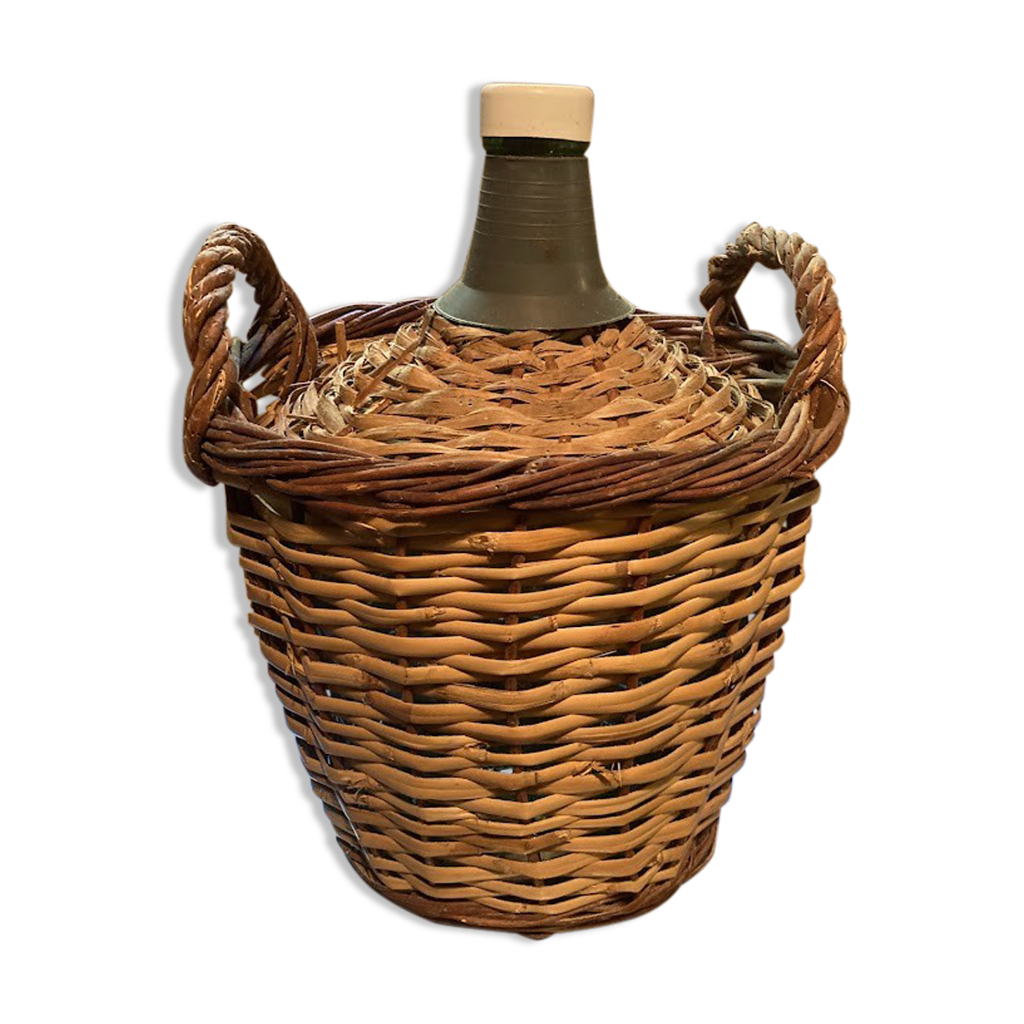 Dame-jeanne in 10L glass and wicker basket, old