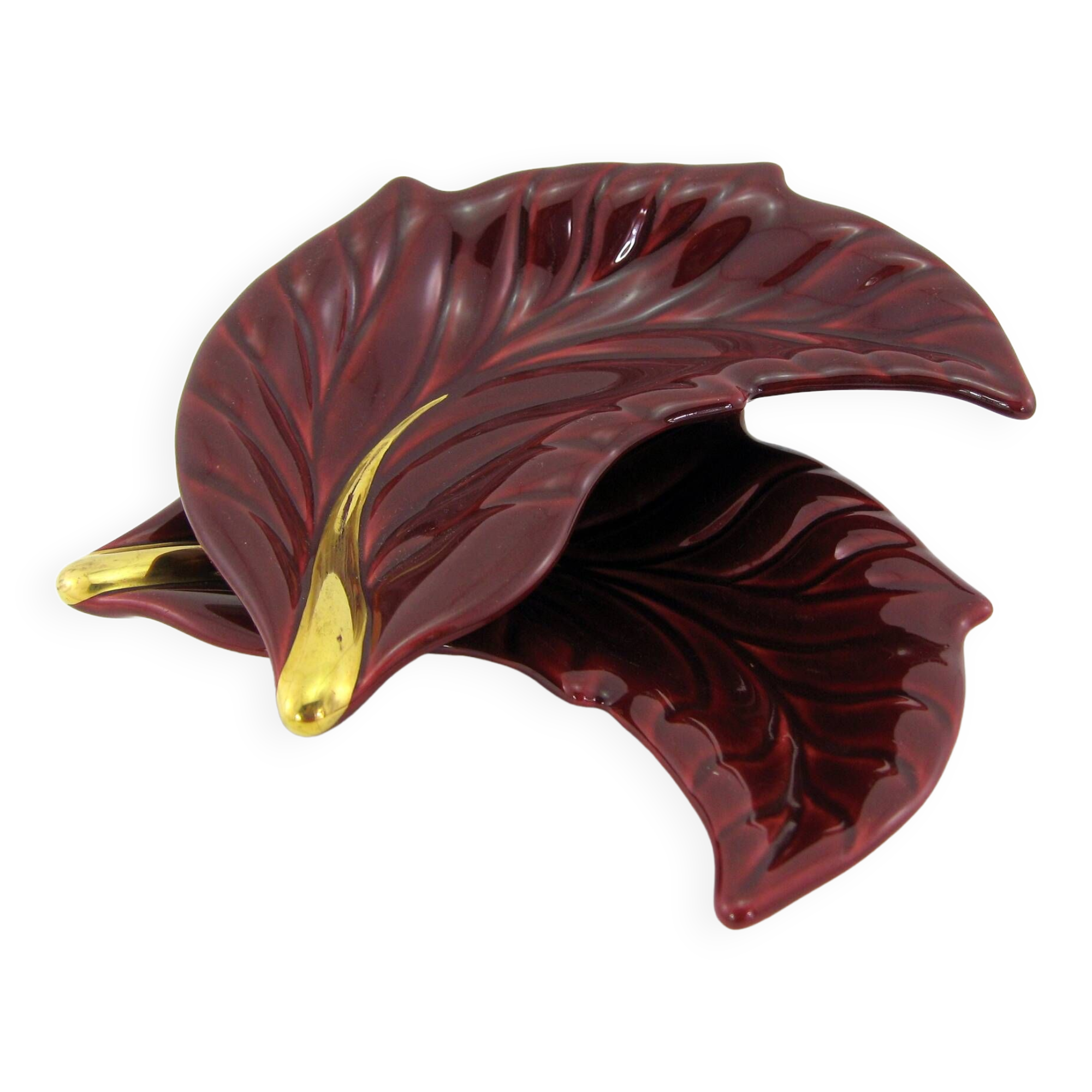 2 red and gold ceramic leaf-shaped bowls - Verceram France - vintage year