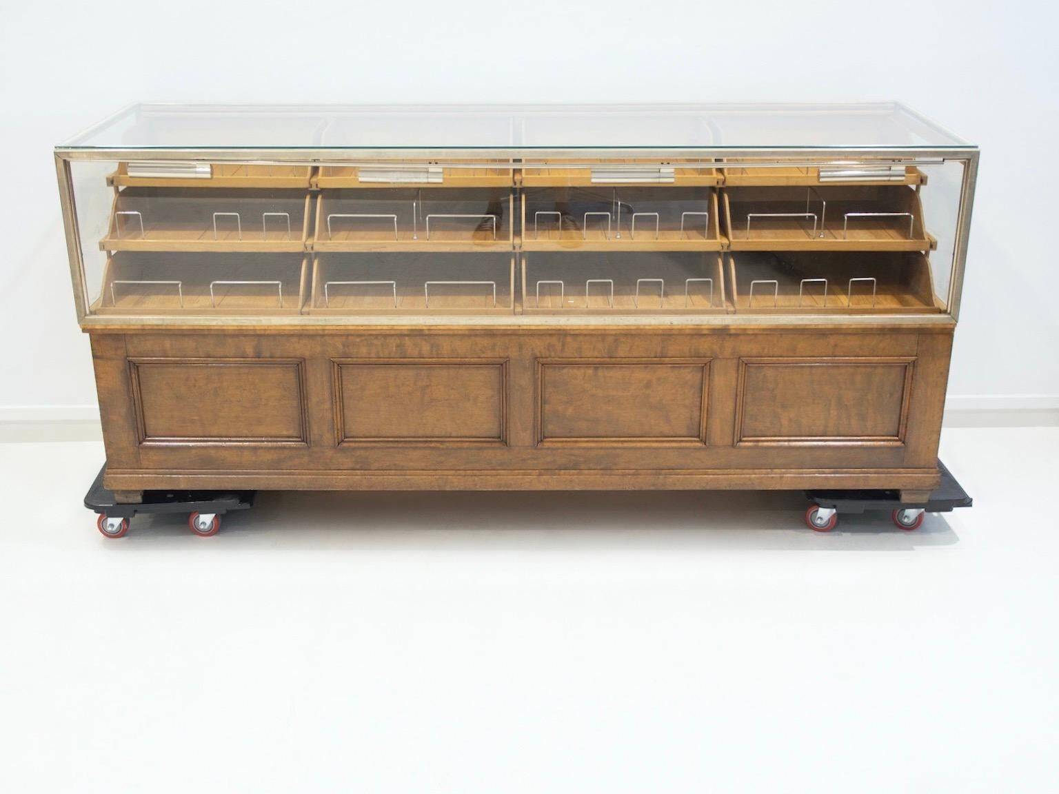 Shop counter made of birch and oak with twenty drawers, 1940s.