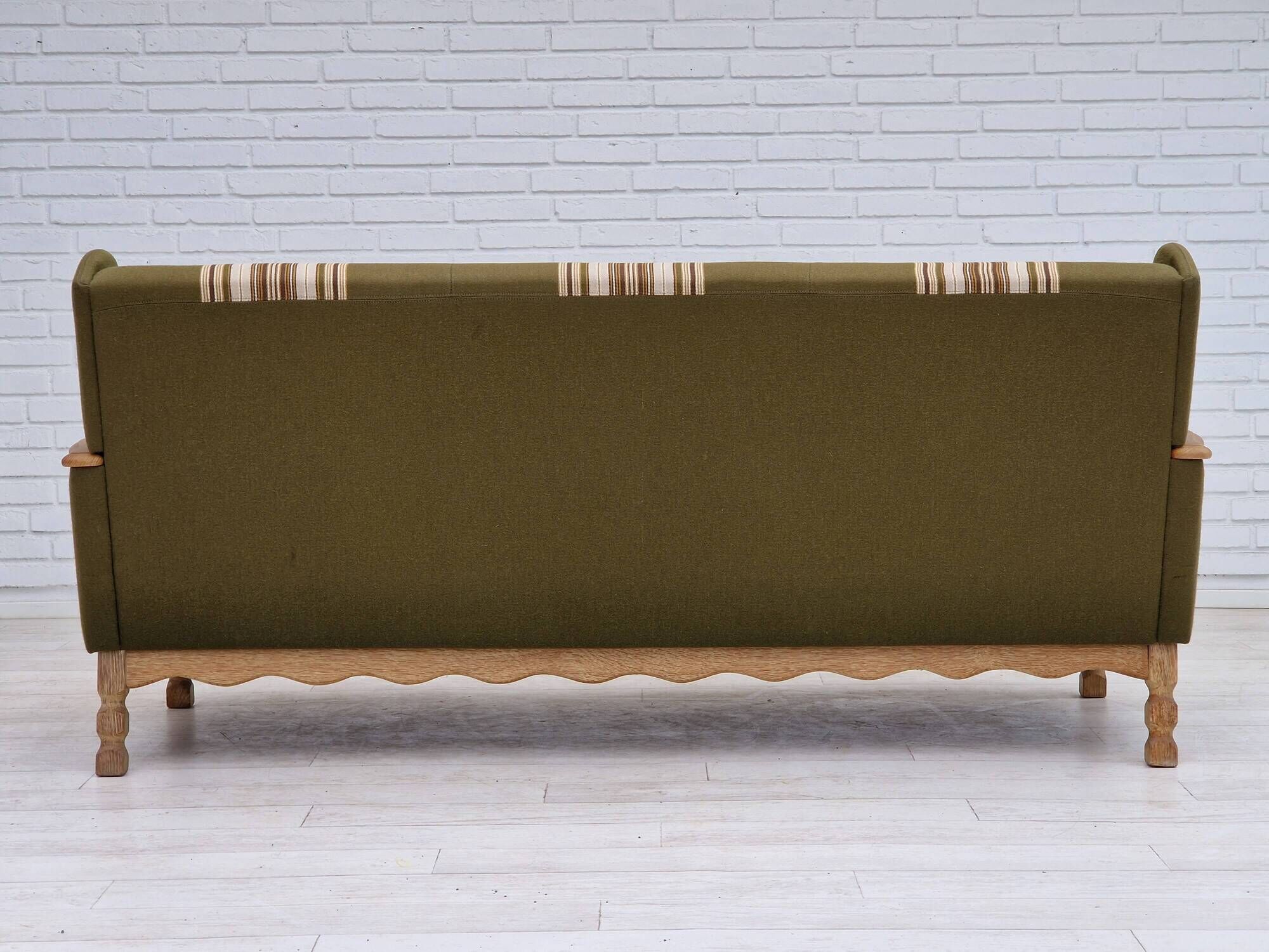 1970s, Danish vintage 3 seater, green fabric, oak wood, original condition.