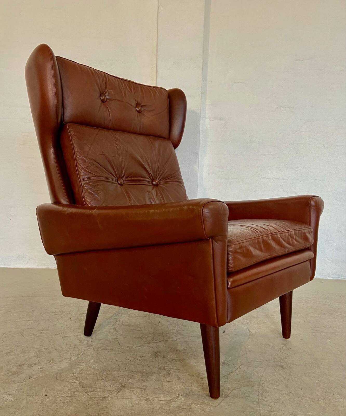 Vintage Danish retro mid-century Svend Skipper caramel brown leather chair