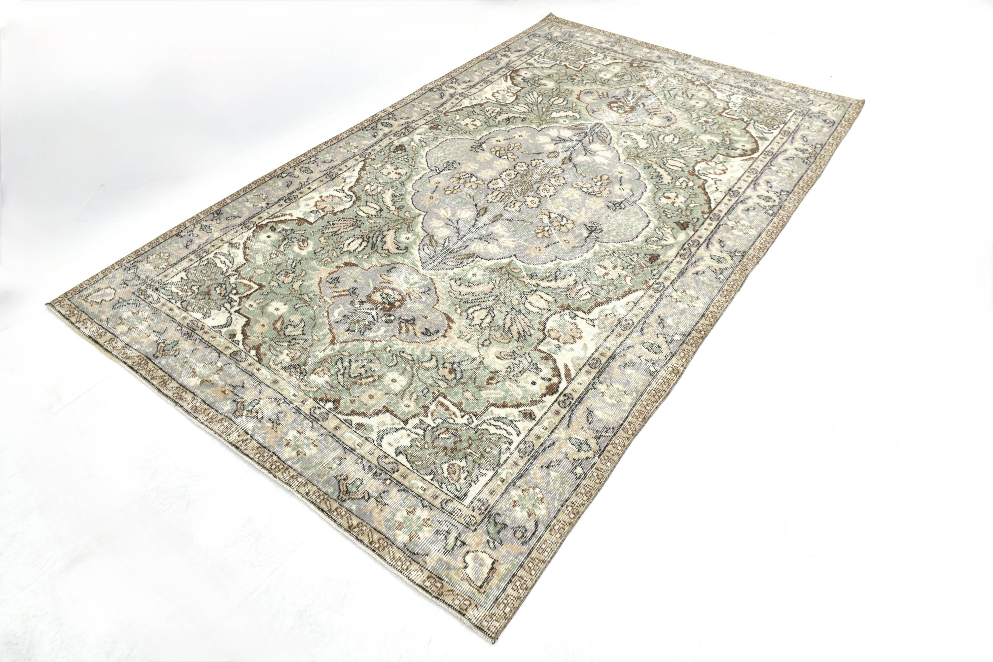5x9 Turkish Olive Green & Cream Floral Vintage Area Rug, 169x280Cm