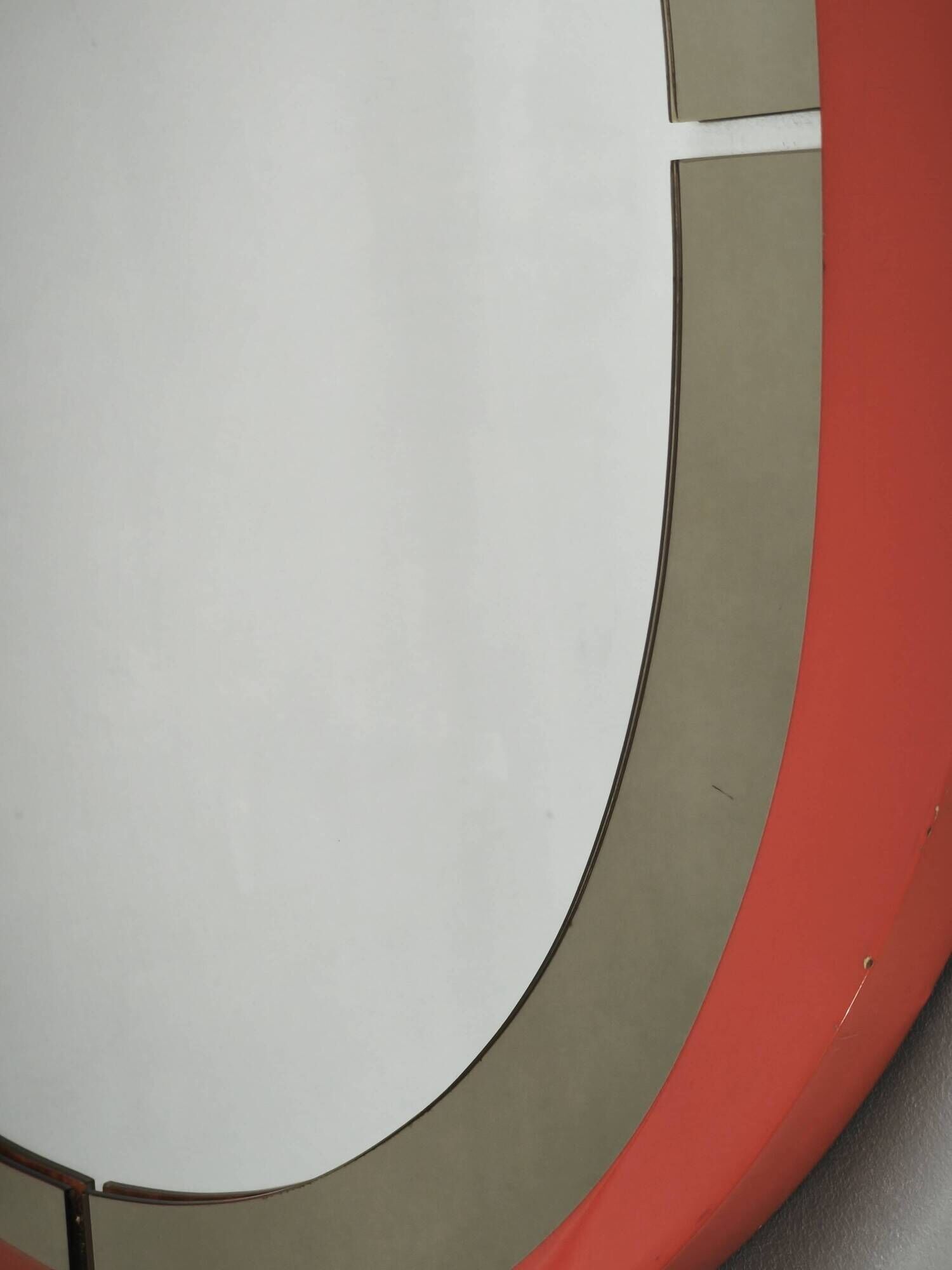 1970s Italian Space Age Red Lacquer and Smoked Glass Round Mirror