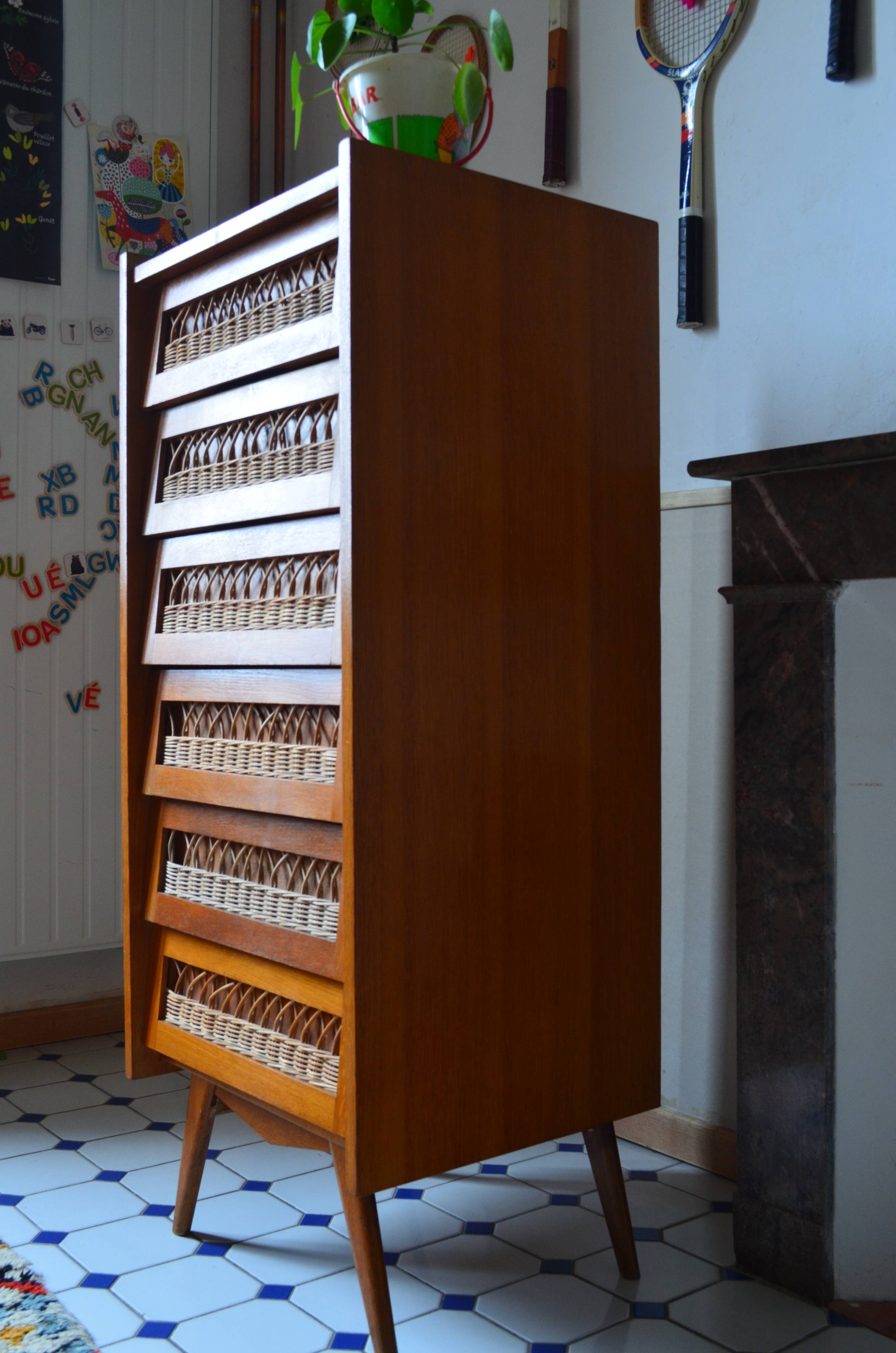 Wooden and rattan dresser