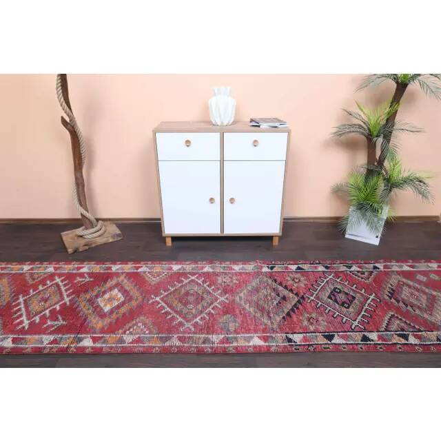 Vintage Turkish Hand-Knotted Wool Cotton Red Runner Rug 83x384