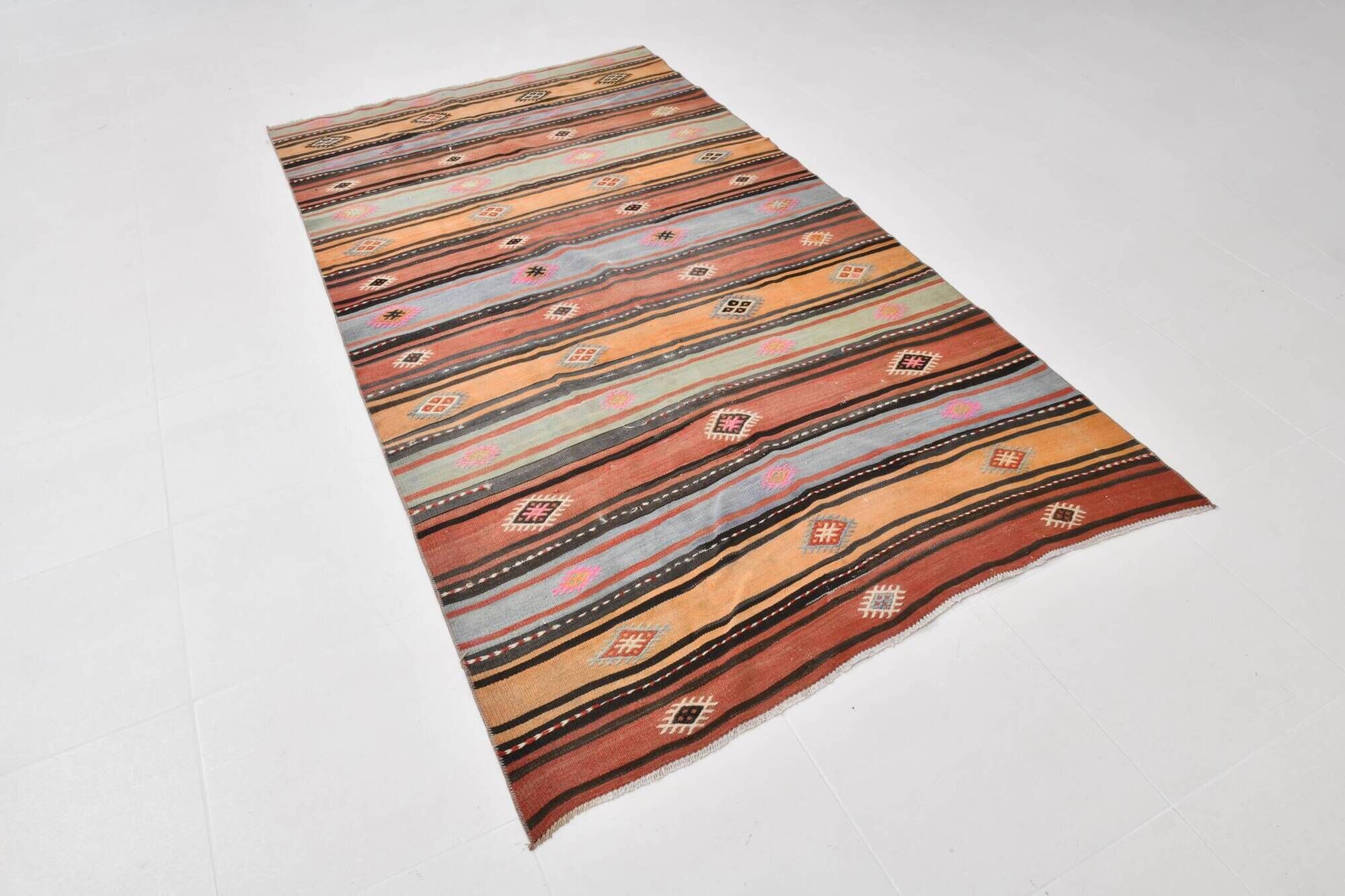 5x8 Kilim Striped Multicolor Kilim Rug,Oushak Handmade Area Rug,134x2145 Cm