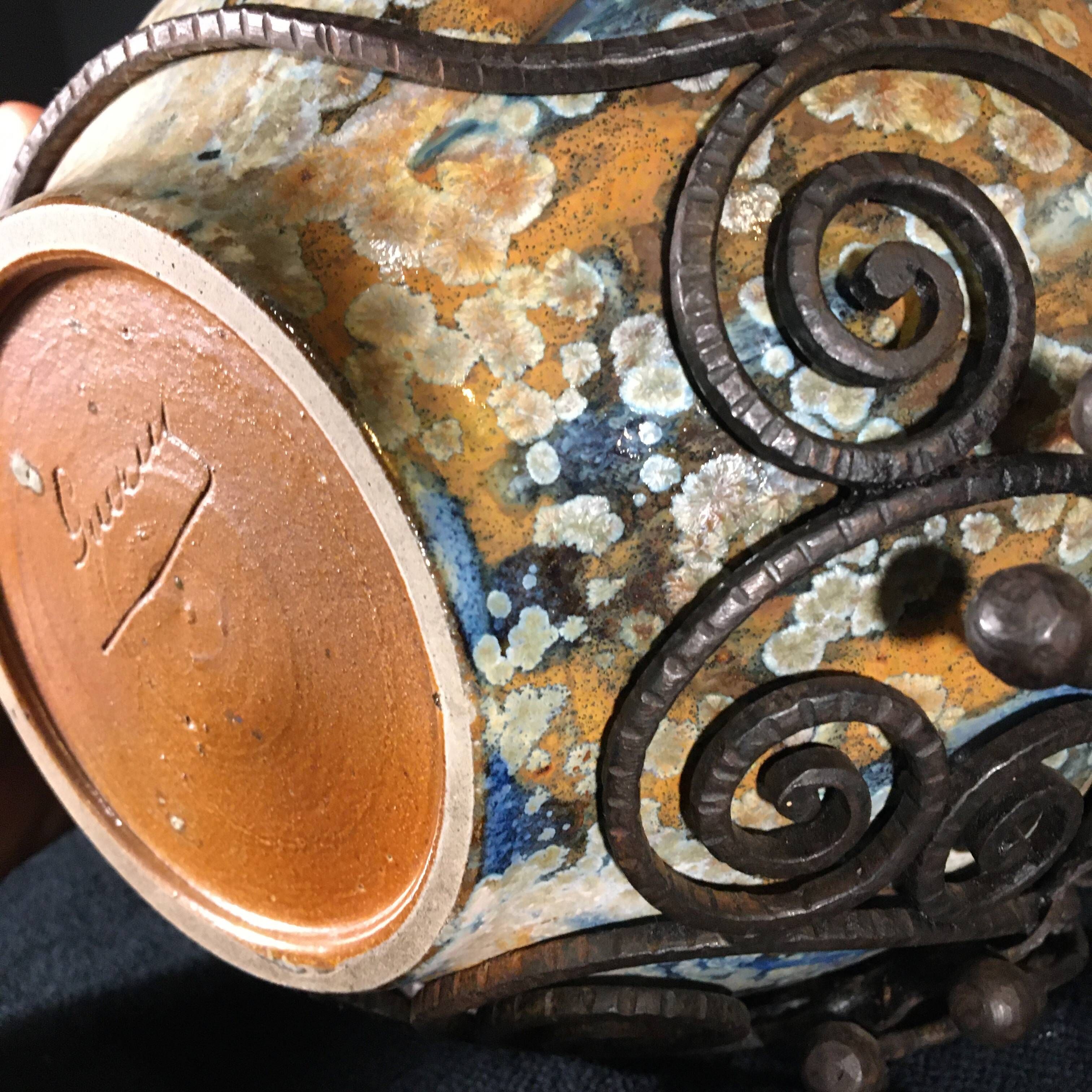 Roger Guérin & François Carion, Art Deco Ball Vase, Bouffioulx Stoneware and Wrought Iron, Ca 1925
